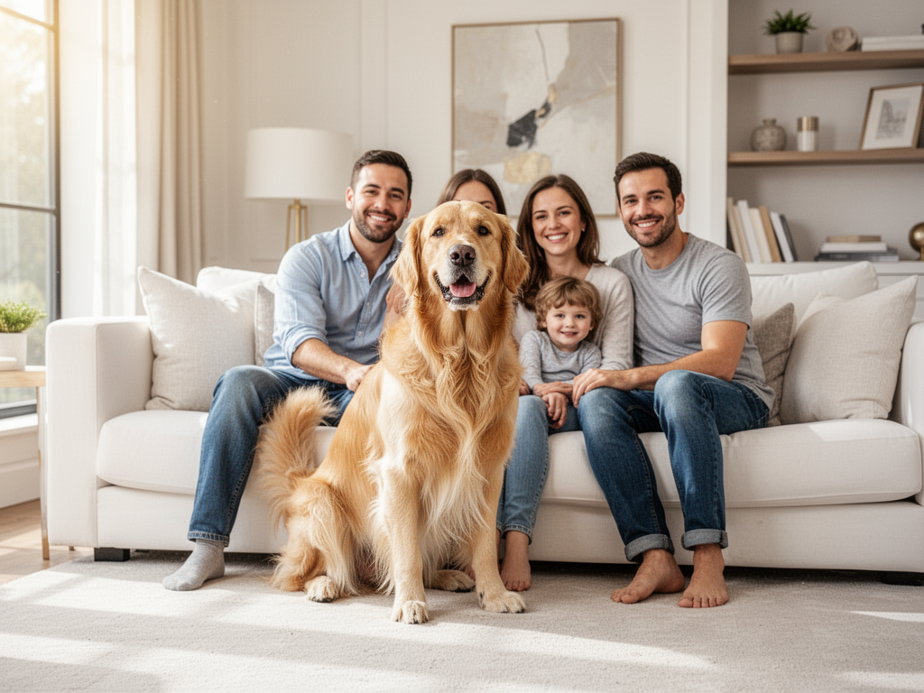 Family enjoying a clean home with their dog