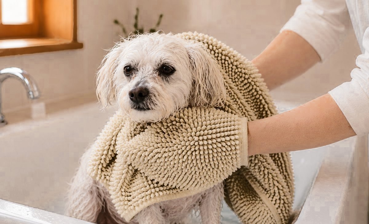 Lifestyle shot of drying a dog with the mitt