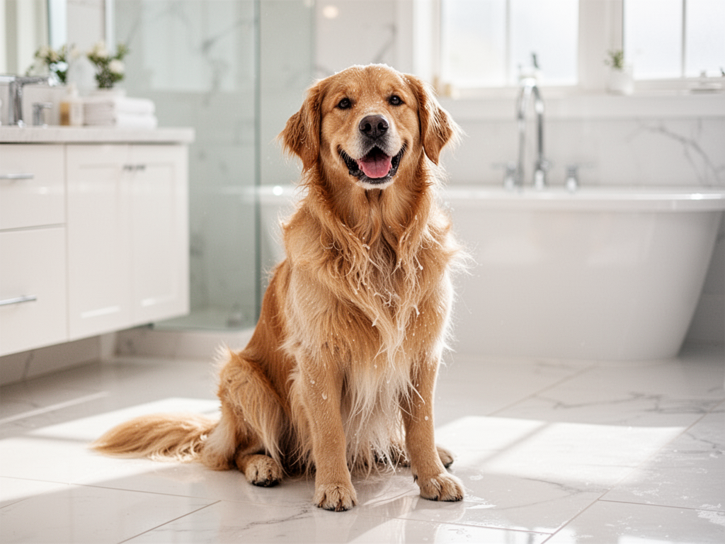 Happy dog looking up