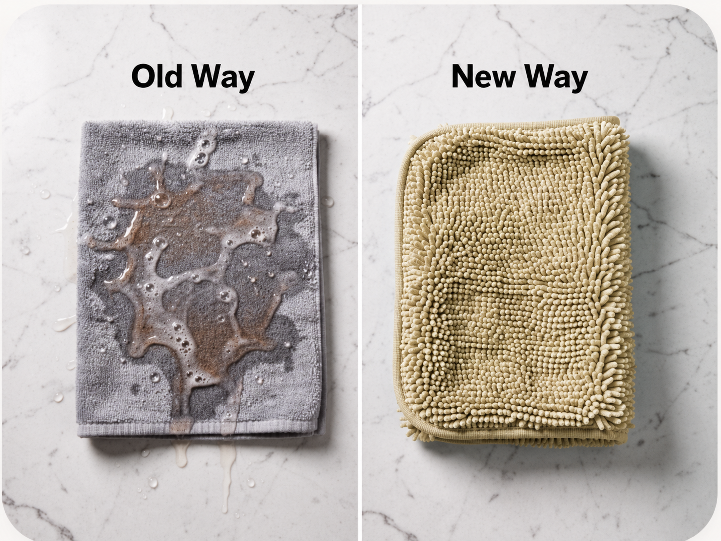 Comparison of a messy regular towel vs the neat drying mitt